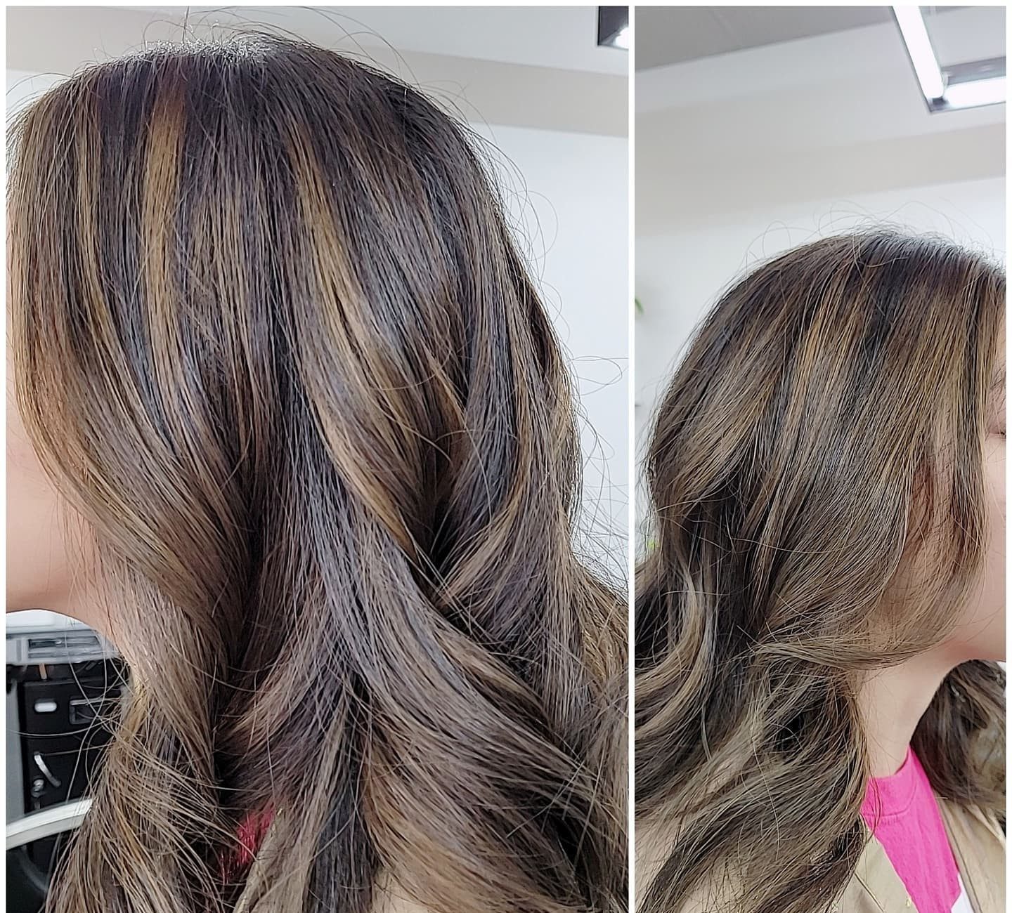Ash-brown balayage with soft waves, back and side views