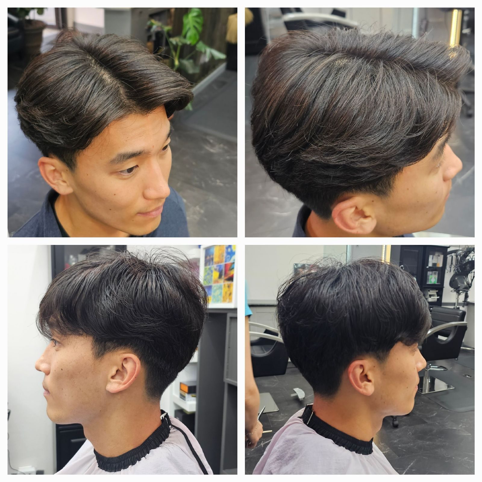 Men's tapered haircut with volume on top, shown from multiple angles