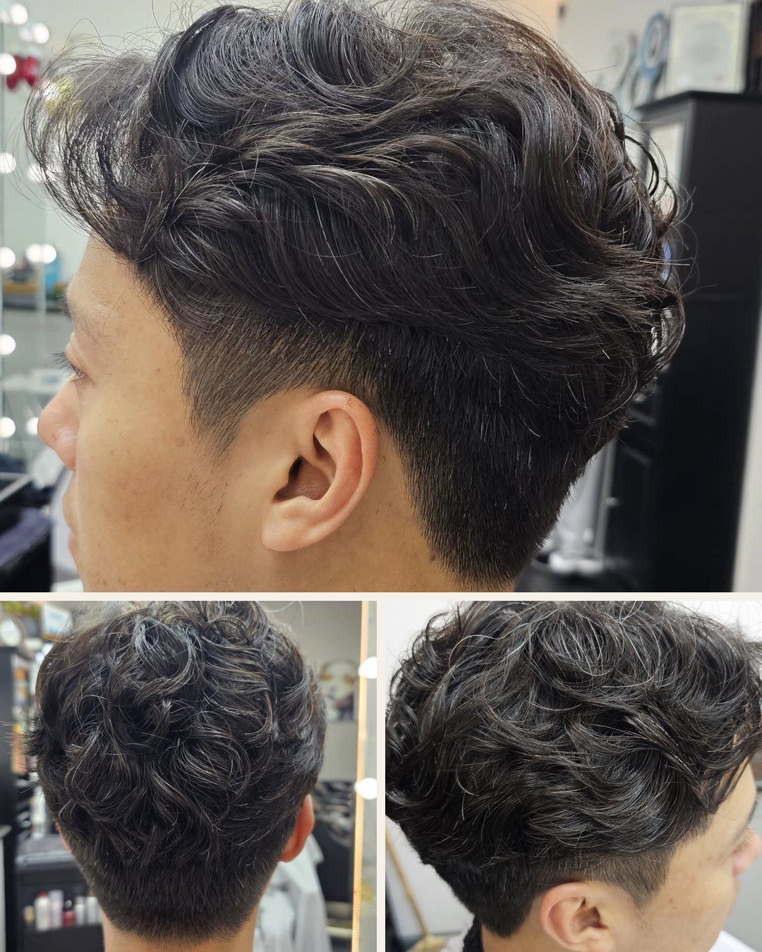 Men&rsquo;s textured perm, shown from three angles