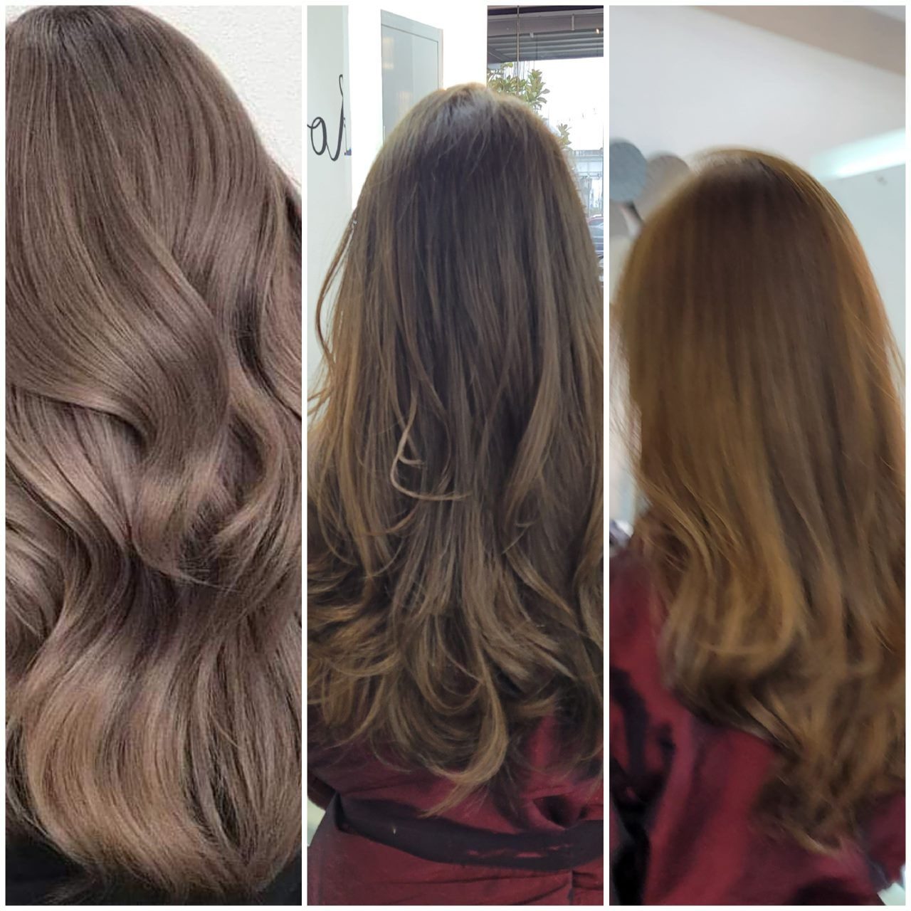 Three back views of long, wavy styled hair in ash-brown, brunette, and caramel tones